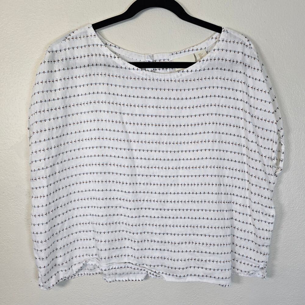 Cynthia Rowley Linen Top Women's L White Bee Print Coastal Casual Lagenlook Boho